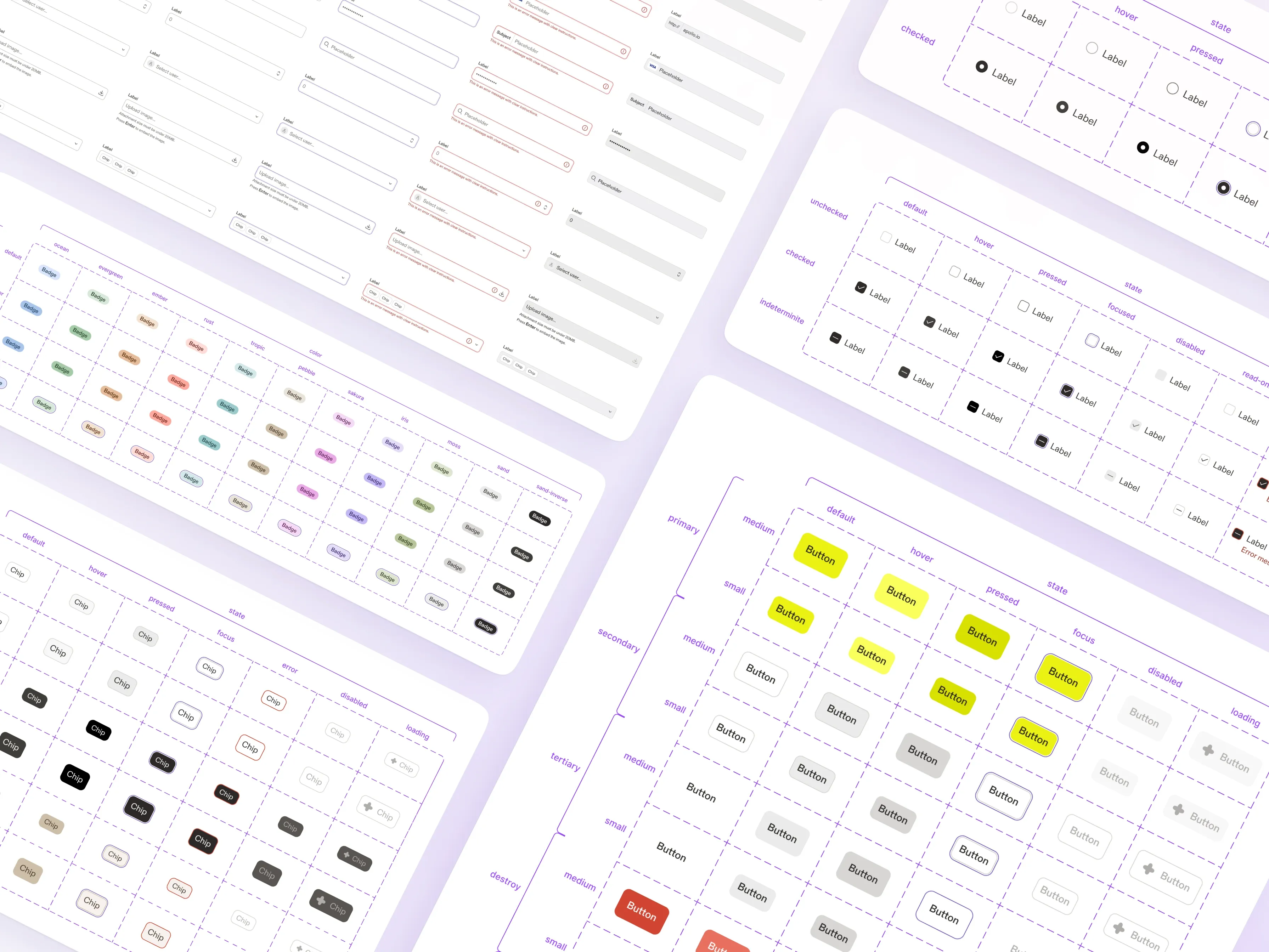 Apollo design system component library — 54 components shown across styles, sizes, shapes, and states
